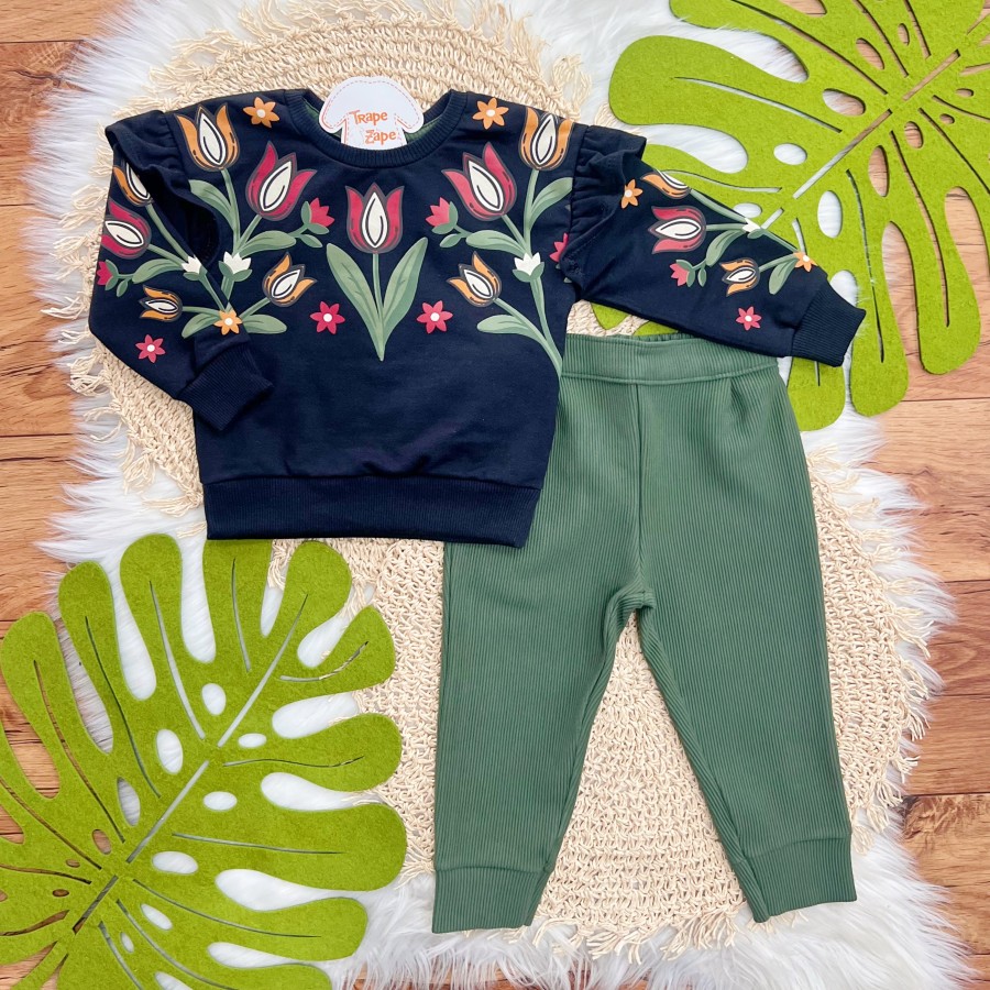  Conj. Casaco de Moletom Rosas Tropicais e Calça Legging - Preto e Verde